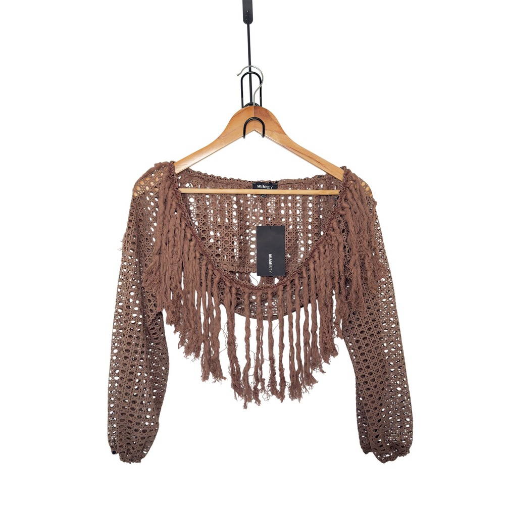 Miamisty Large Brown Crochet Boho Chic Cropped Fringed Cover Up Top Whimsigoth